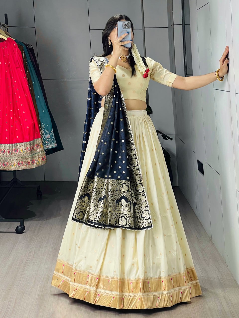 Cream Paithani Silk Lehenga Choli with Navy Blue Paithani Zari Dupatta