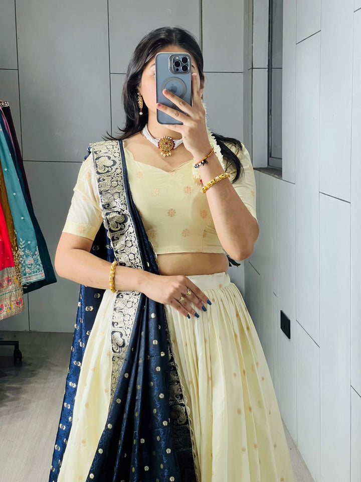 Cream Paithani Silk Lehenga Choli with Navy Blue Paithani Zari Dupatta