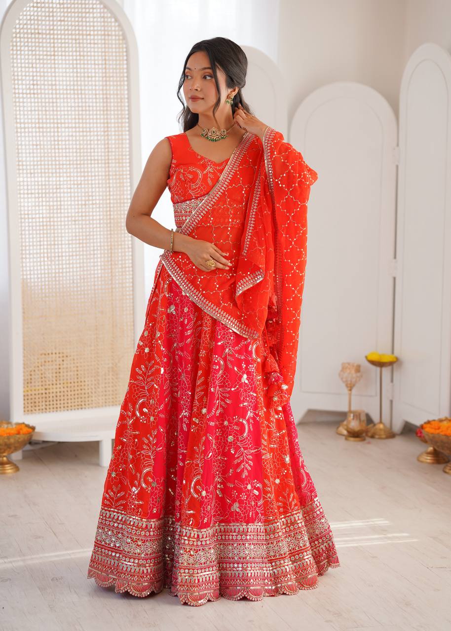 Coral Red Embroidered Faux Georgette Lehenga Choli with Dupatta