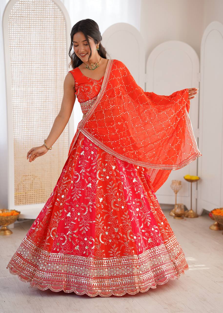 Coral Red Embroidered Faux Georgette Lehenga Choli with Dupatta