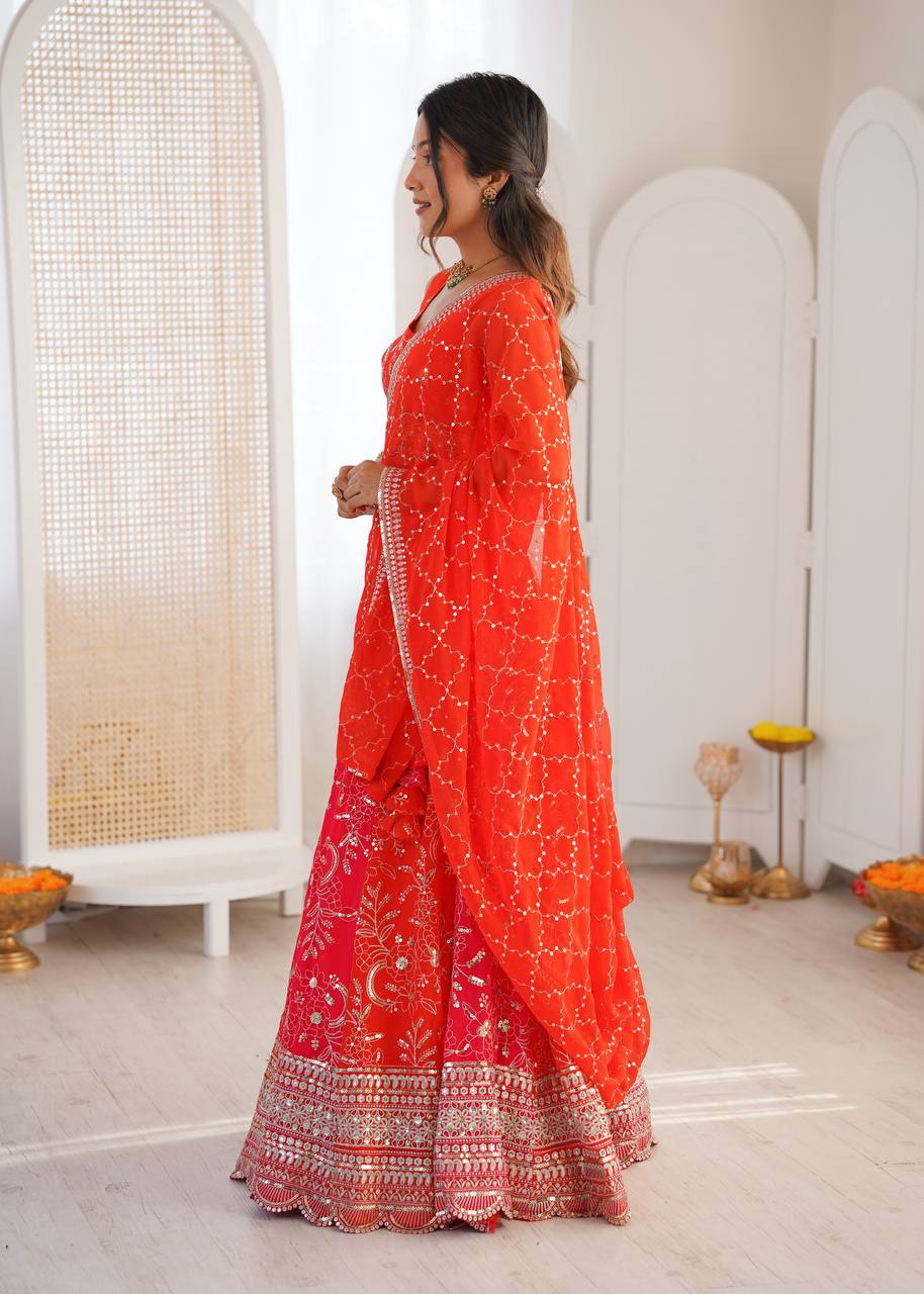 Coral Red Embroidered Faux Georgette Lehenga Choli with Dupatta