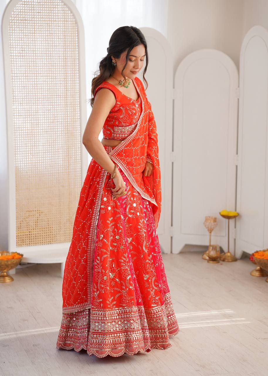 Coral Red Embroidered Faux Georgette Lehenga Choli with Dupatta
