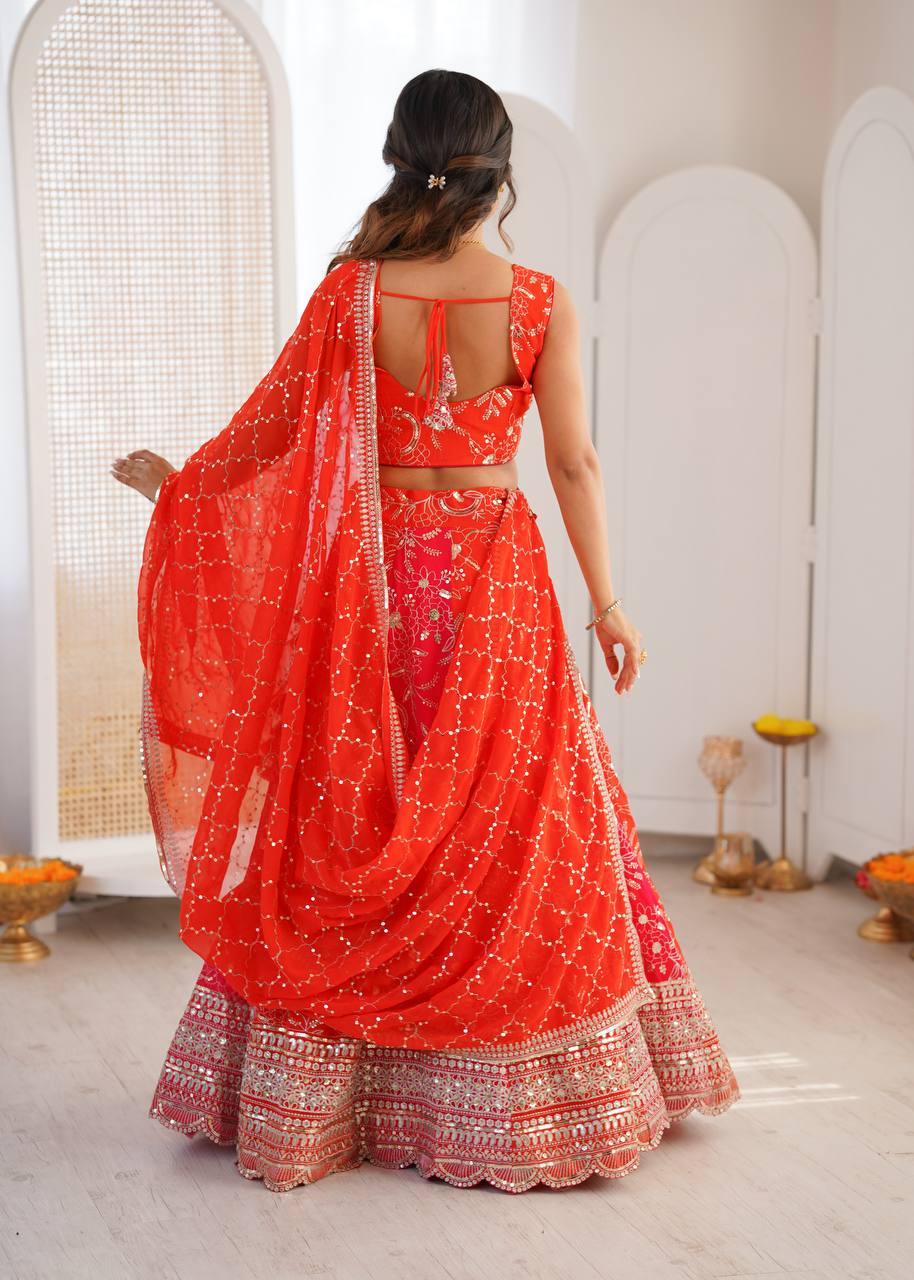 Coral Red Embroidered Faux Georgette Lehenga Choli with Dupatta
