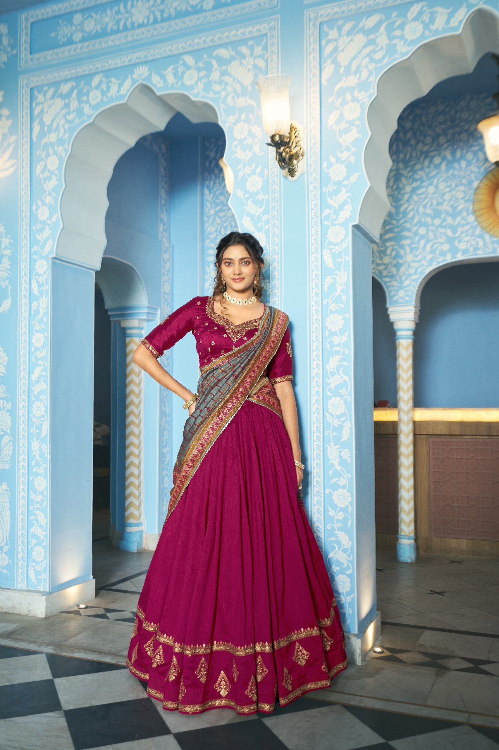 Rani Pink Designer Vichitra Silk Lehenga Choli with Sequins Thread Embroidery & Foil Print Dupatta