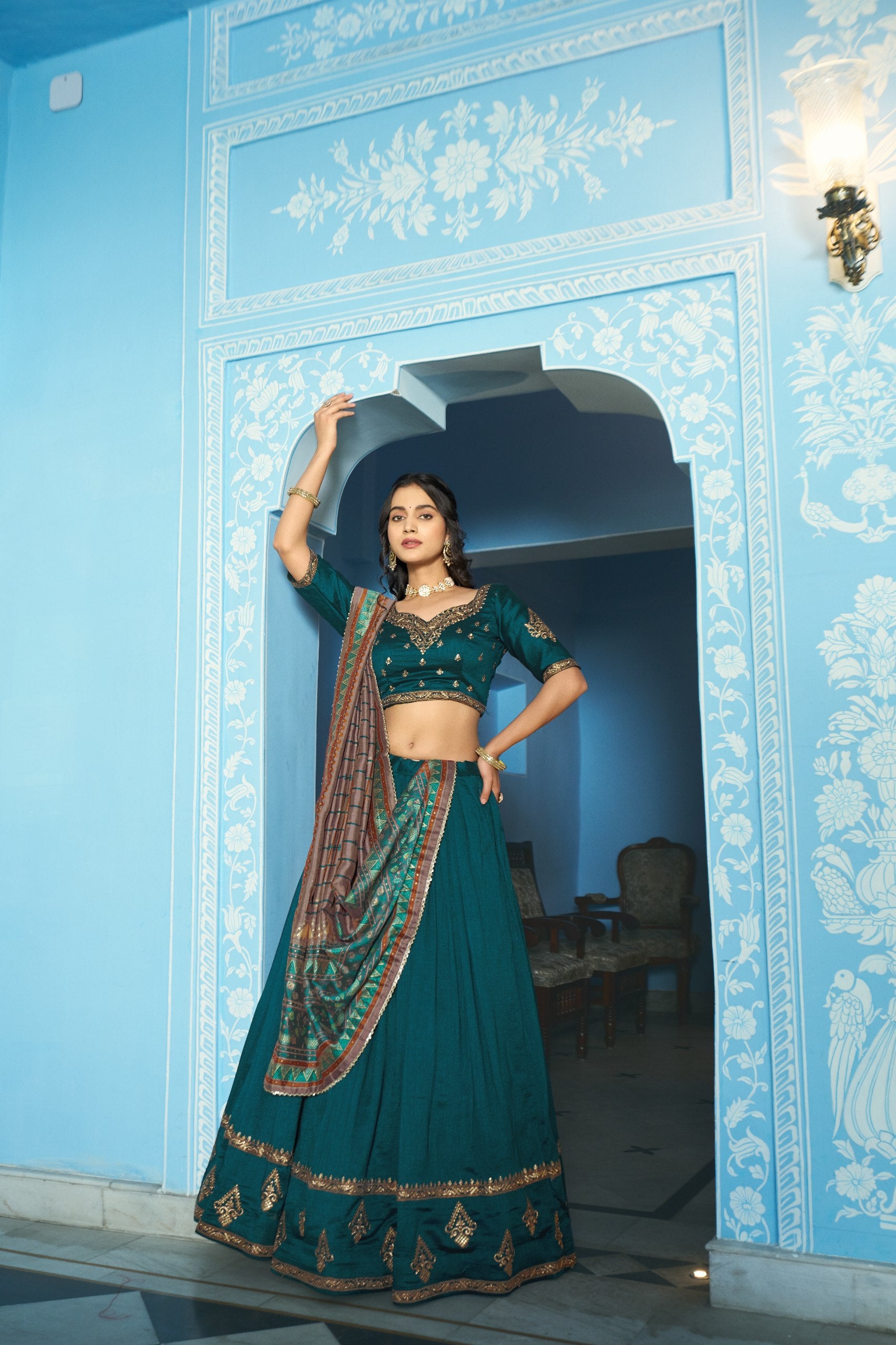 Teal Green Designer Vichitra Silk Lehenga Choli with Sequins Thread Embroidery & Foil Print Dupatta