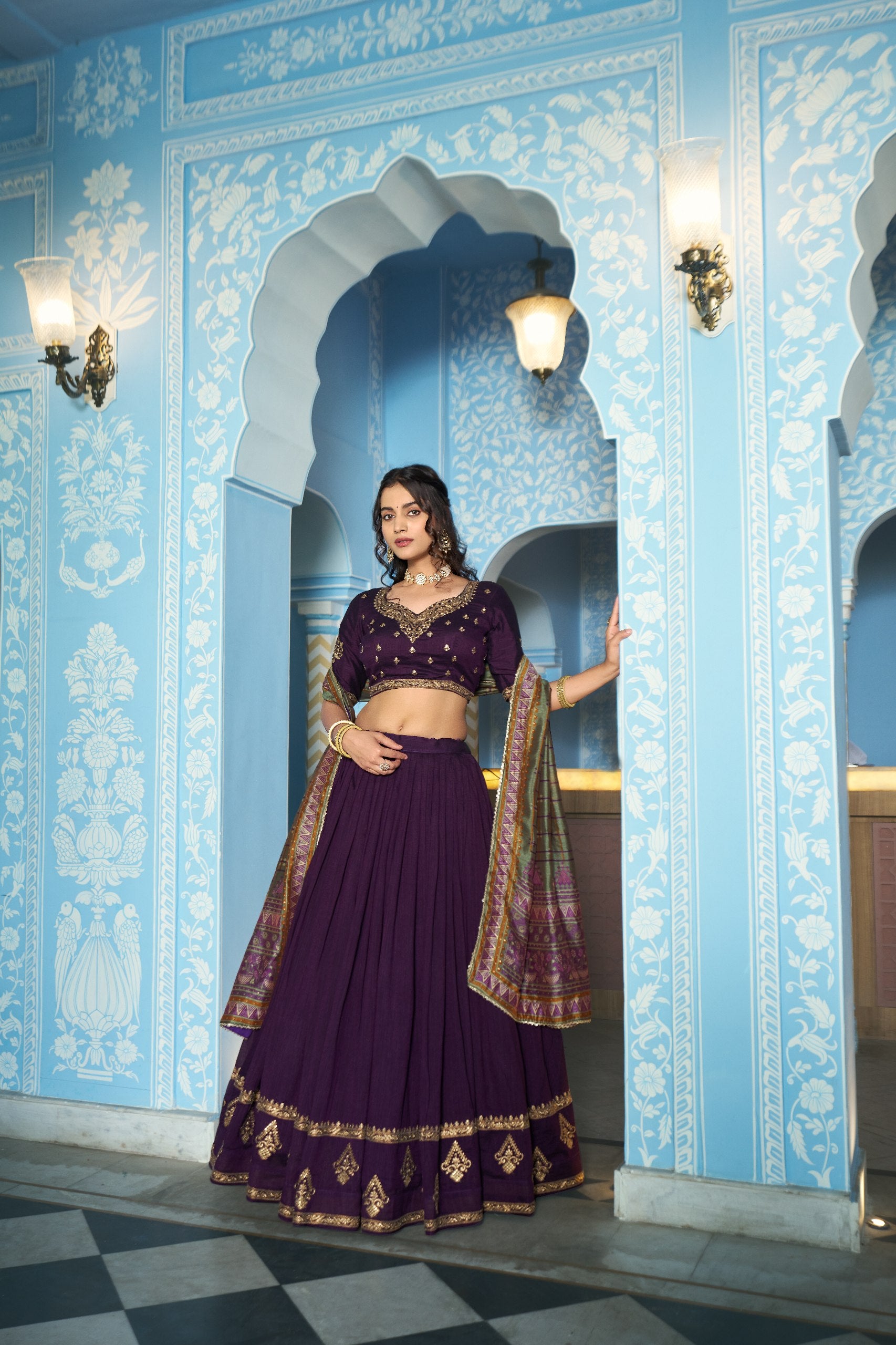 Deep Purple Designer Vichitra Silk Lehenga Choli with Sequins Thread Embroidery & Foil Print Dupatta