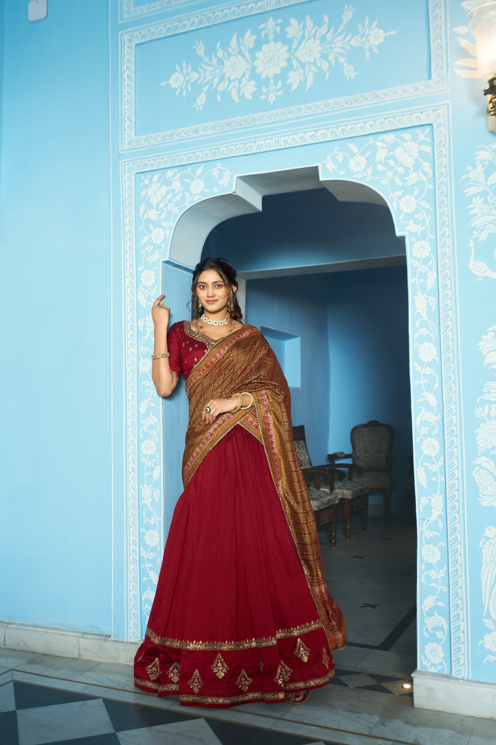 Maroon Designer Vichitra Silk Lehenga Choli with Sequins Thread Embroidery & Foil Print Dupatta