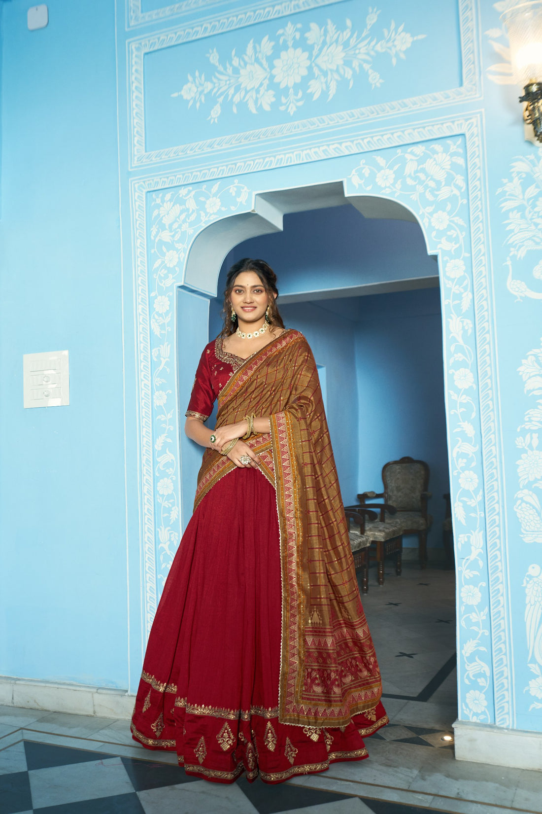 Maroon Designer Vichitra Silk Lehenga Choli with Sequins Thread Embroidery & Foil Print Dupatta