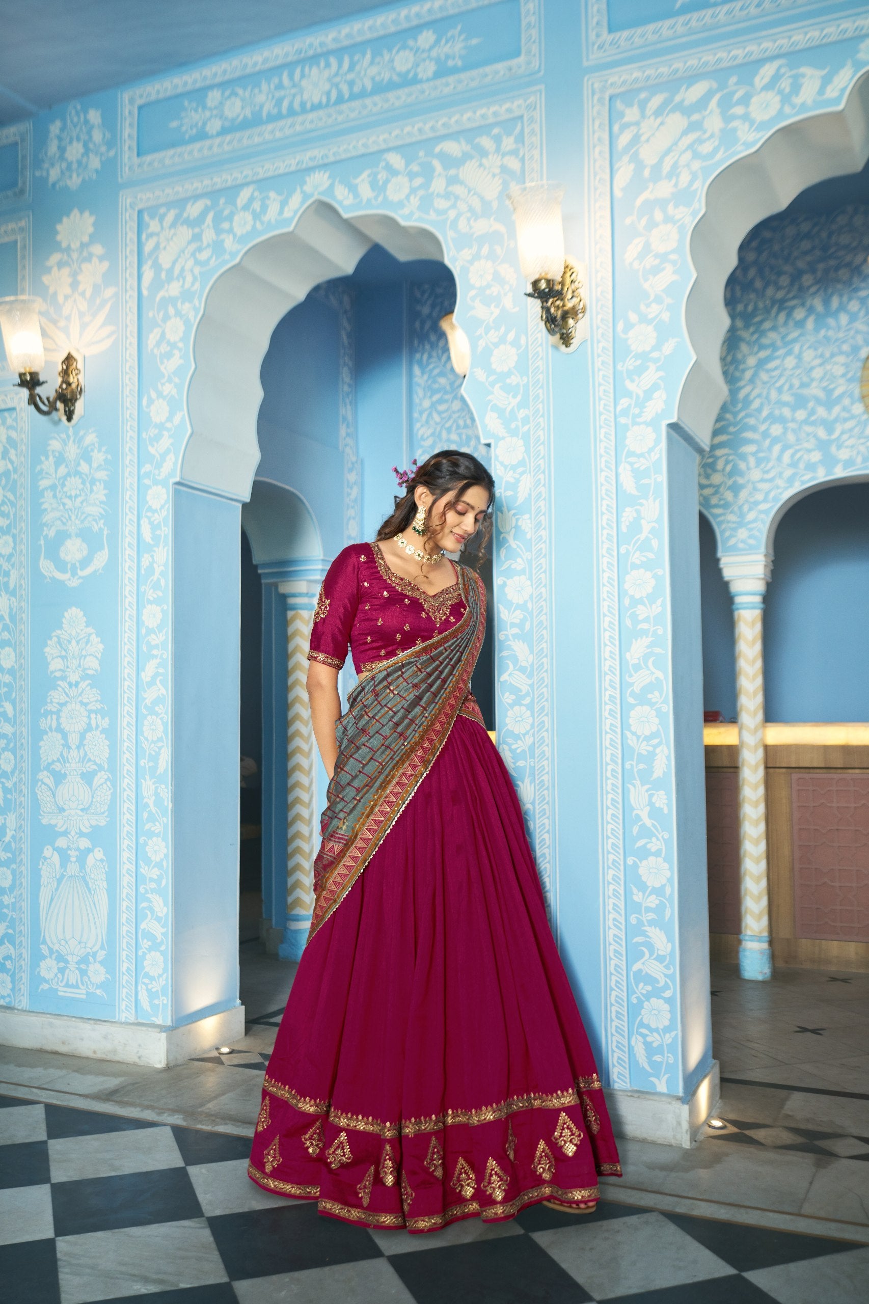 Rani Pink Designer Vichitra Silk Lehenga Choli with Sequins Thread Embroidery & Foil Print Dupatta