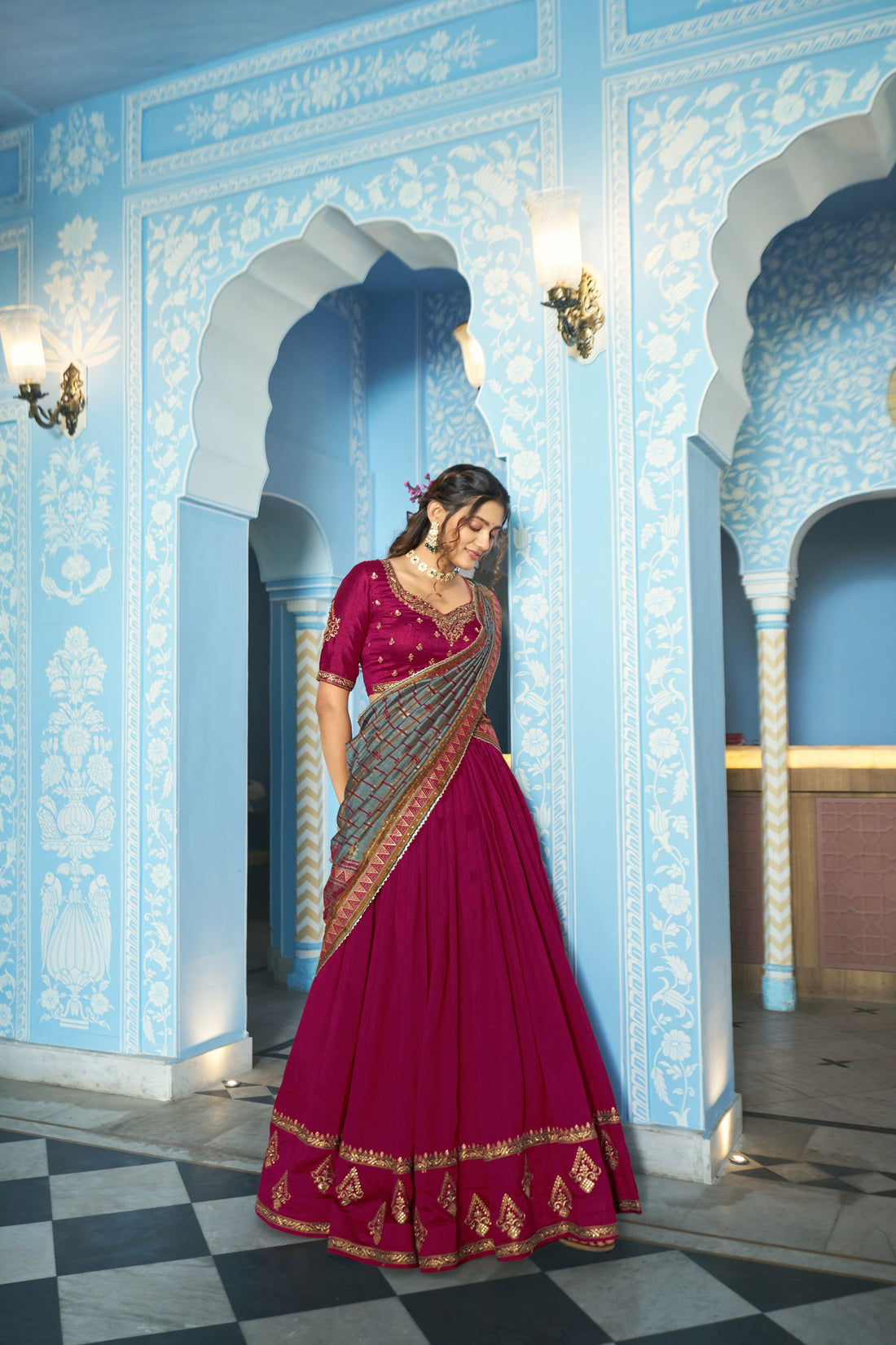 Rani Pink Designer Vichitra Silk Lehenga Choli with Sequins Thread Embroidery & Foil Print Dupatta