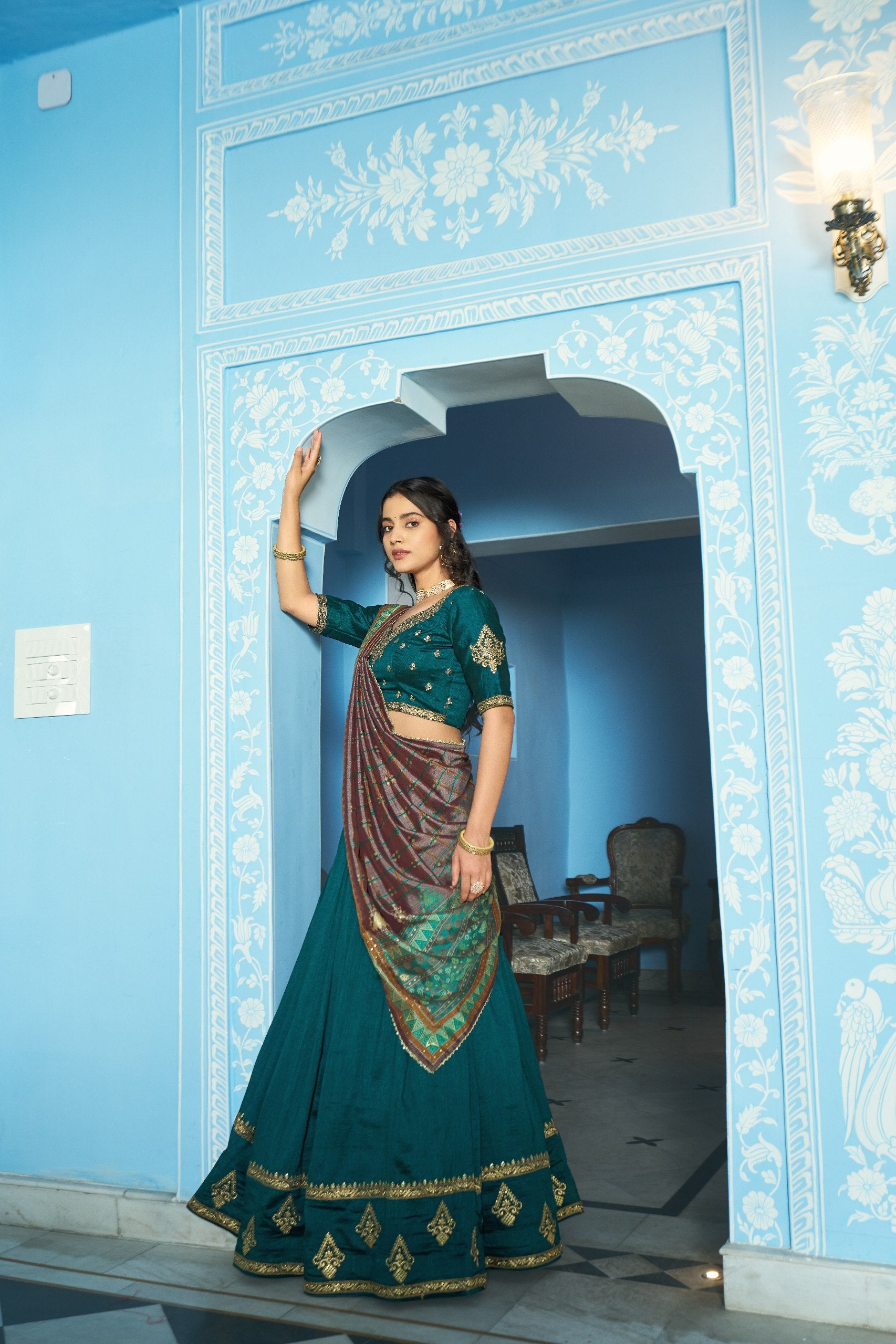 Teal Green Designer Vichitra Silk Lehenga Choli with Sequins Thread Embroidery & Foil Print Dupatta