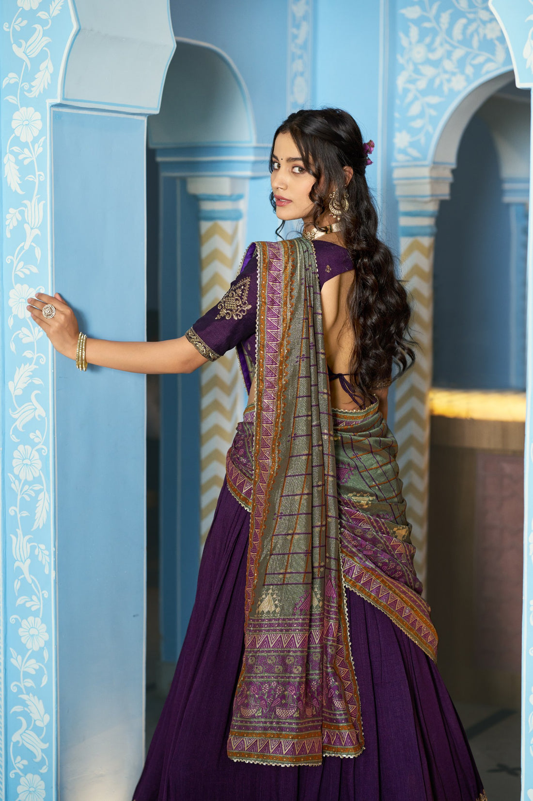 Deep Purple Designer Vichitra Silk Lehenga Choli with Sequins Thread Embroidery & Foil Print Dupatta