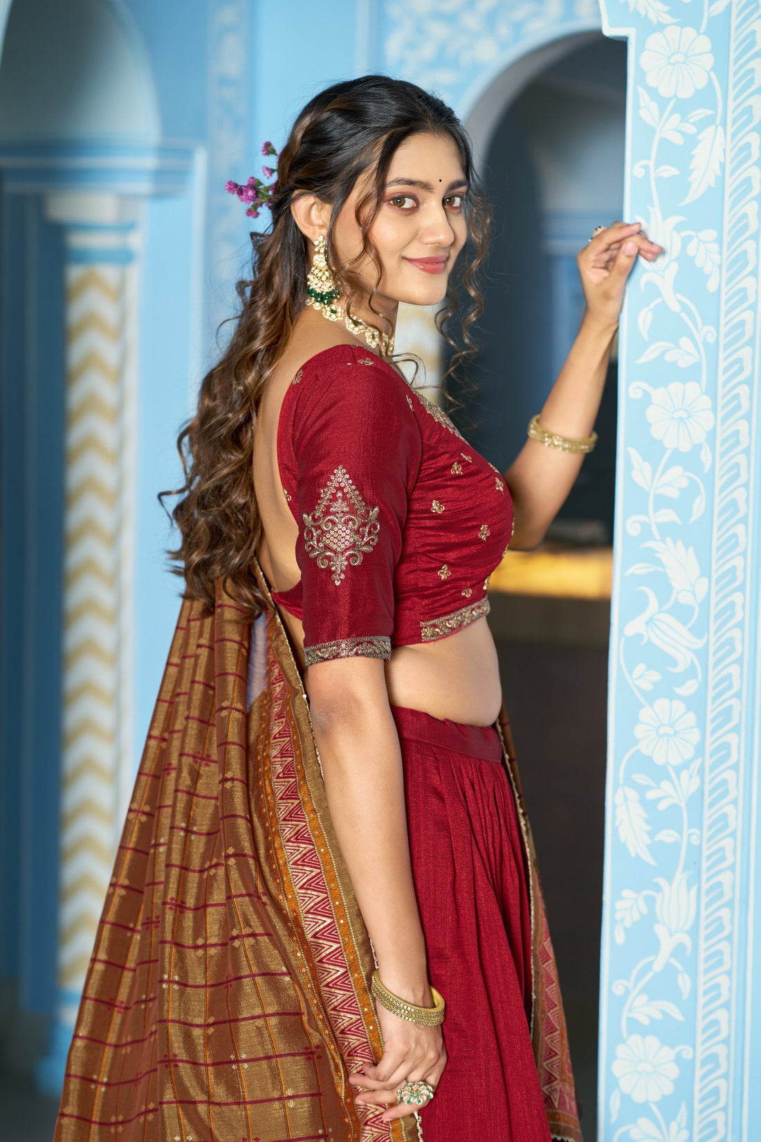 Maroon Designer Vichitra Silk Lehenga Choli with Sequins Thread Embroidery & Foil Print Dupatta