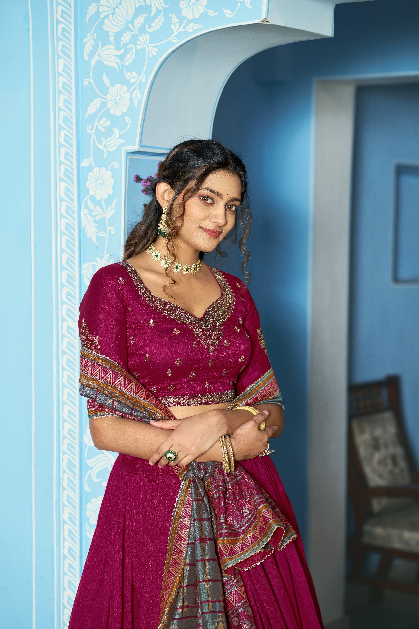 Rani Pink Designer Vichitra Silk Lehenga Choli with Sequins Thread Embroidery & Foil Print Dupatta