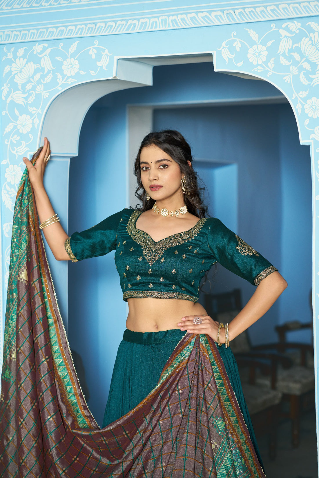 Teal Green Designer Vichitra Silk Lehenga Choli with Sequins Thread Embroidery & Foil Print Dupatta