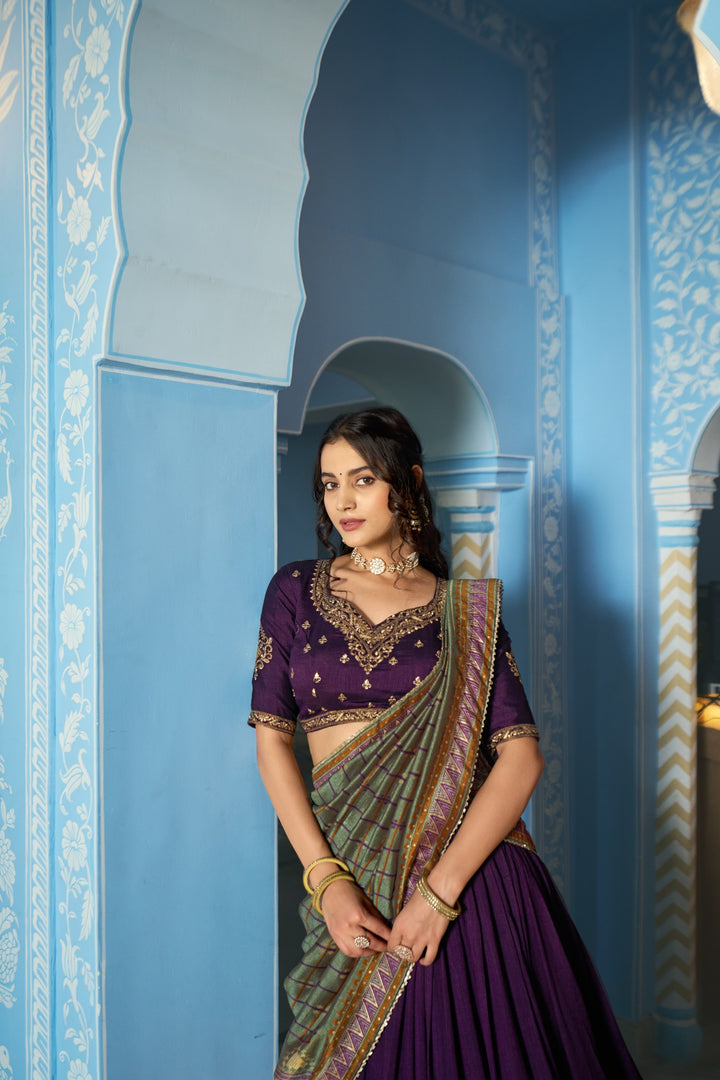Deep Purple Designer Vichitra Silk Lehenga Choli with Sequins Thread Embroidery & Foil Print Dupatta