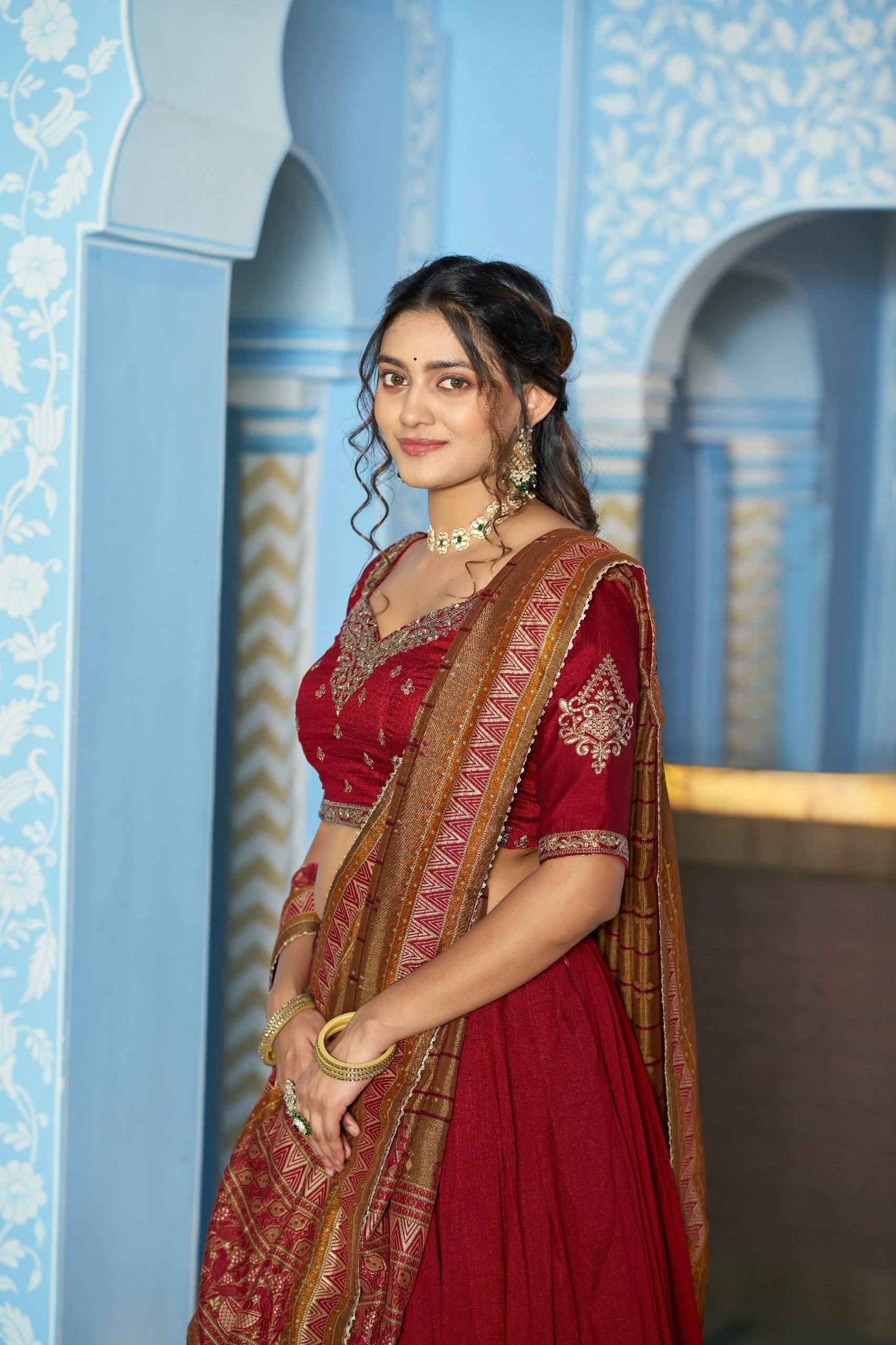 Maroon Designer Vichitra Silk Lehenga Choli with Sequins Thread Embroidery & Foil Print Dupatta