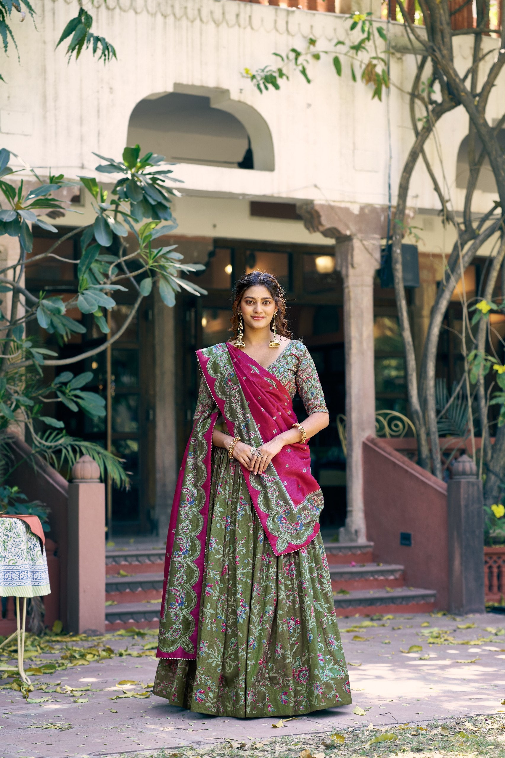Olive Green Designer Tasar Silk Lehenga Choli with Gilded Foil Print & Gotta Patti Dupatta
