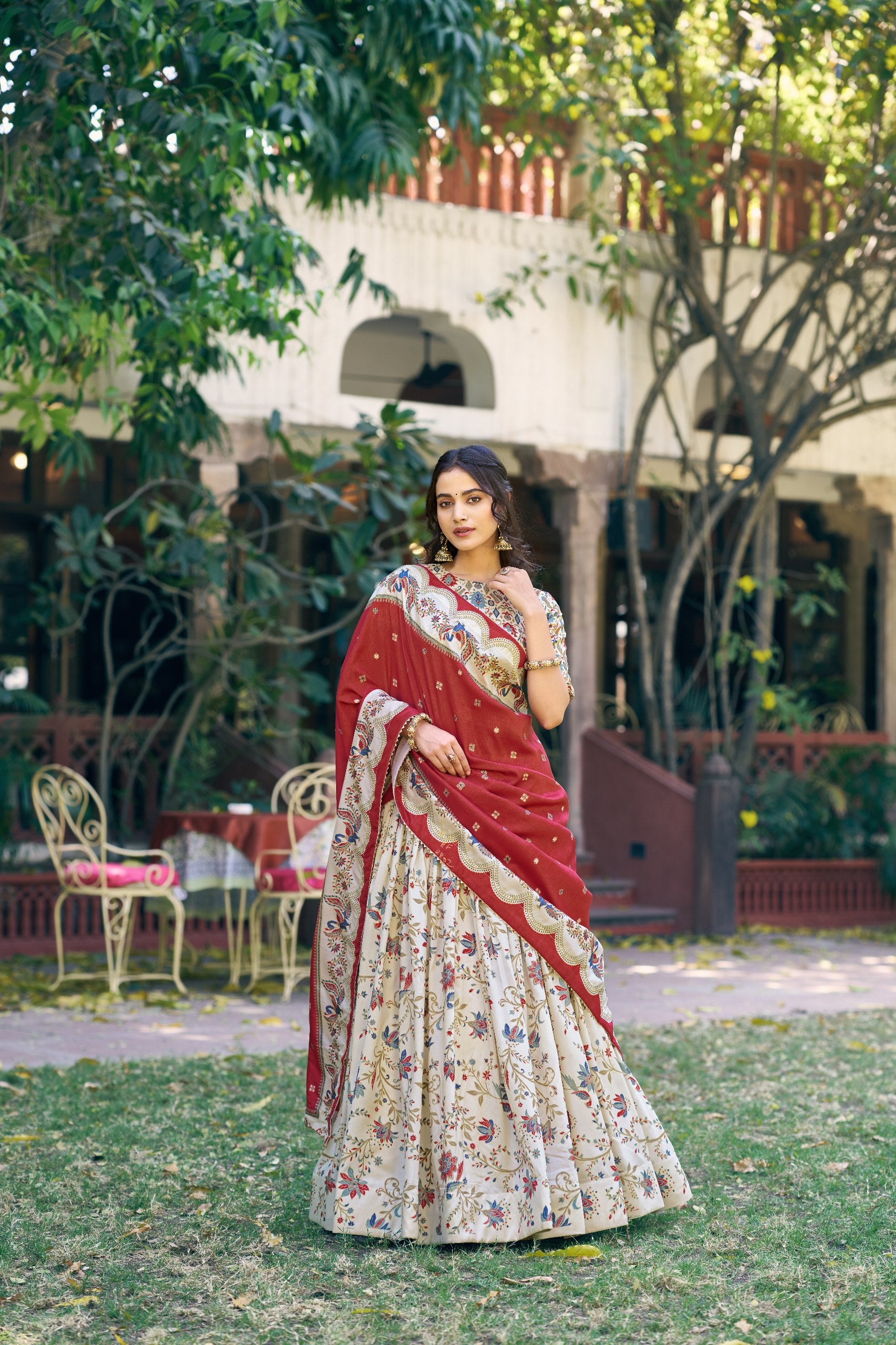 Ivory Floral Tasar Silk Lehenga Choli with Maroon Printed Dupatta & Gotta Patti Border