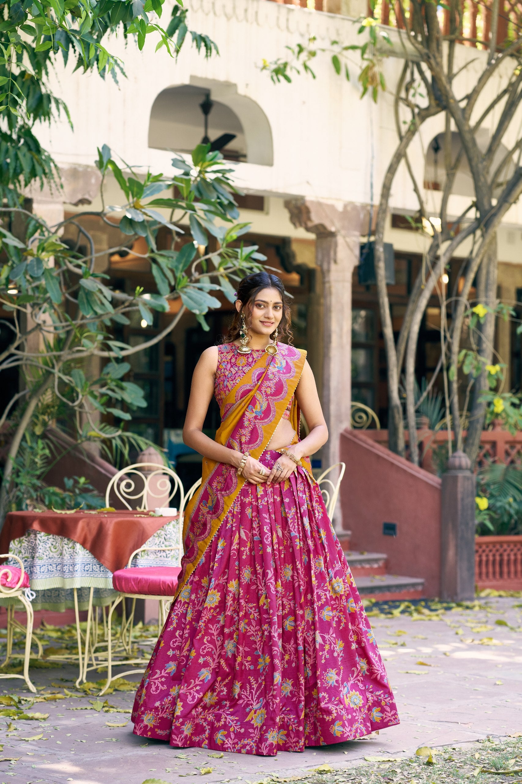 Magenta Designer Tasar Silk Floral Printed Lehenga Choli with Mustard Dupatta & Gotta Patti Border