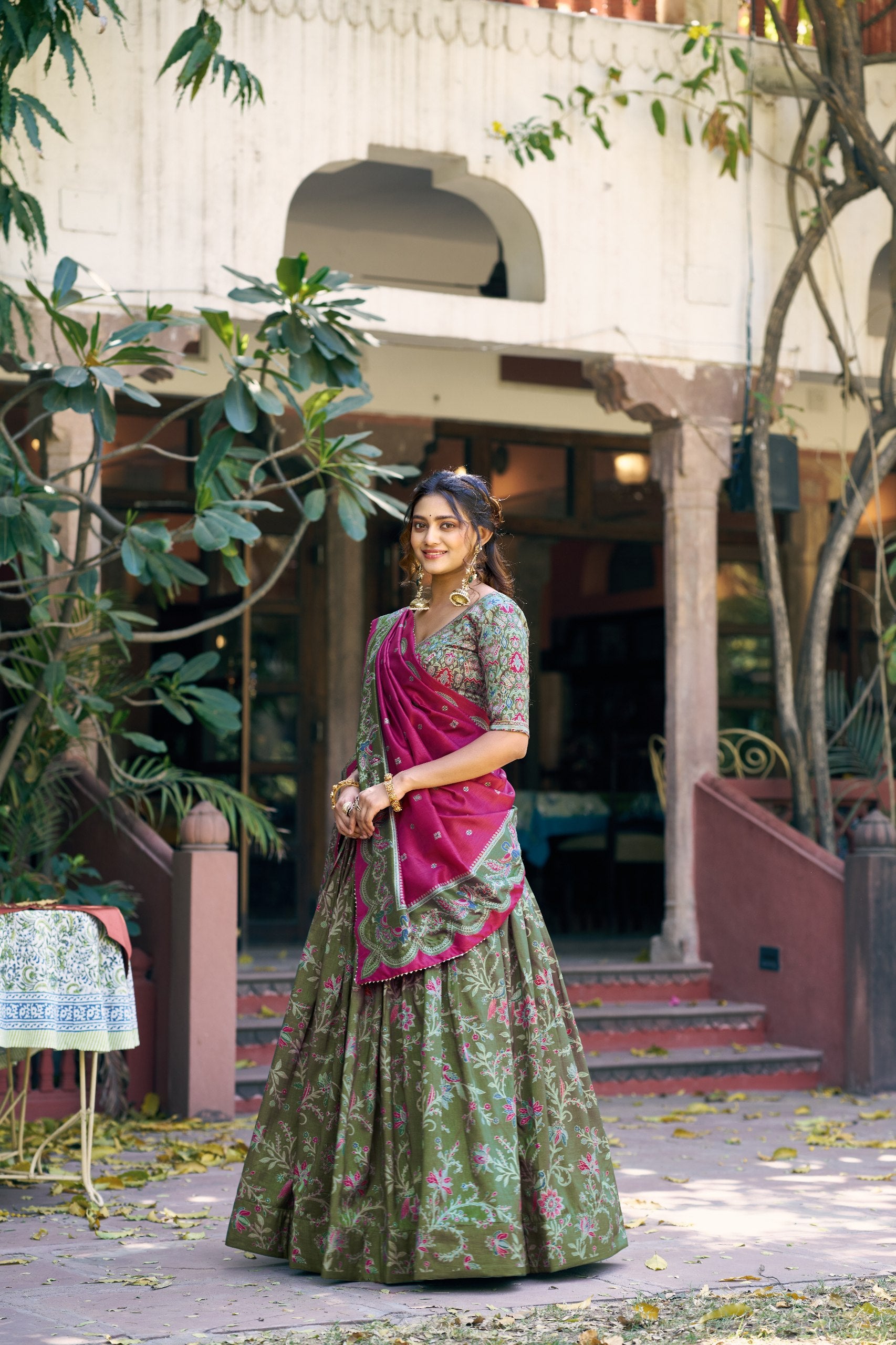 Olive Green Designer Tasar Silk Lehenga Choli with Gilded Foil Print & Gotta Patti Dupatta