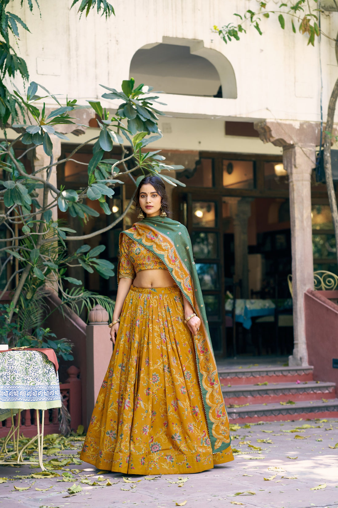 Mustard Designer Tasar Silk Floral Printed Lehenga Choli with Green Dupatta & Gotta Patti Border