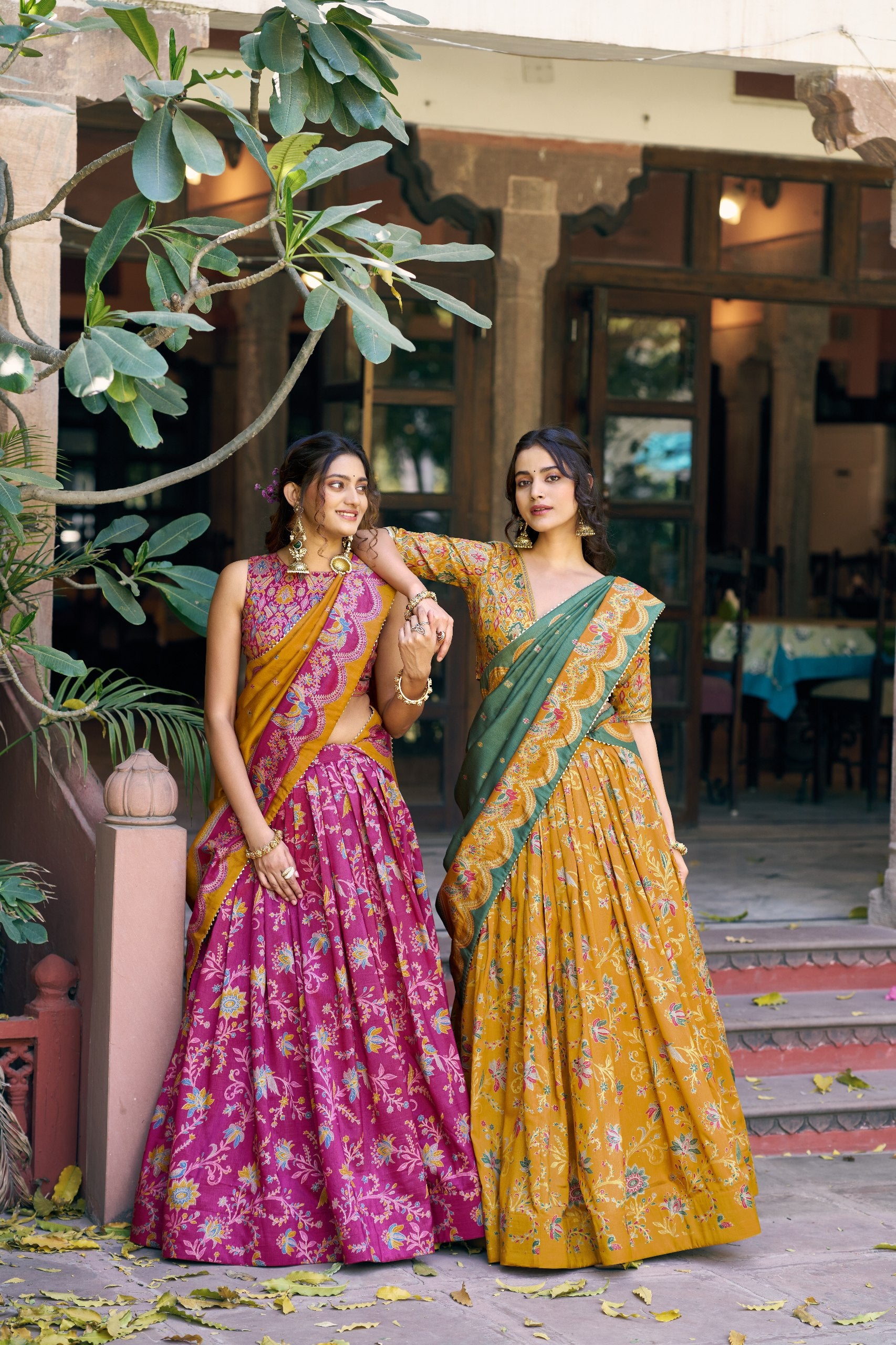 Mustard Designer Tasar Silk Floral Printed Lehenga Choli with Green Dupatta & Gotta Patti Border