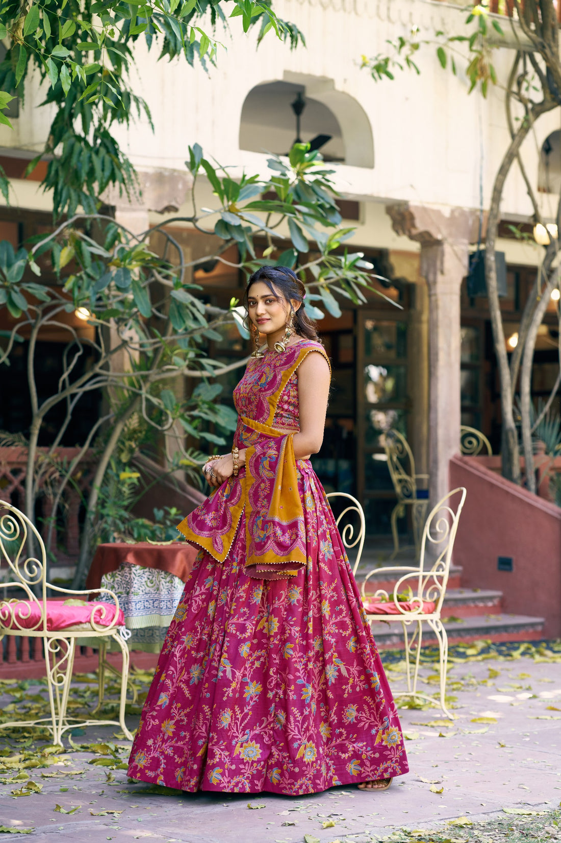 Magenta Designer Tasar Silk Floral Printed Lehenga Choli with Mustard Dupatta & Gotta Patti Border