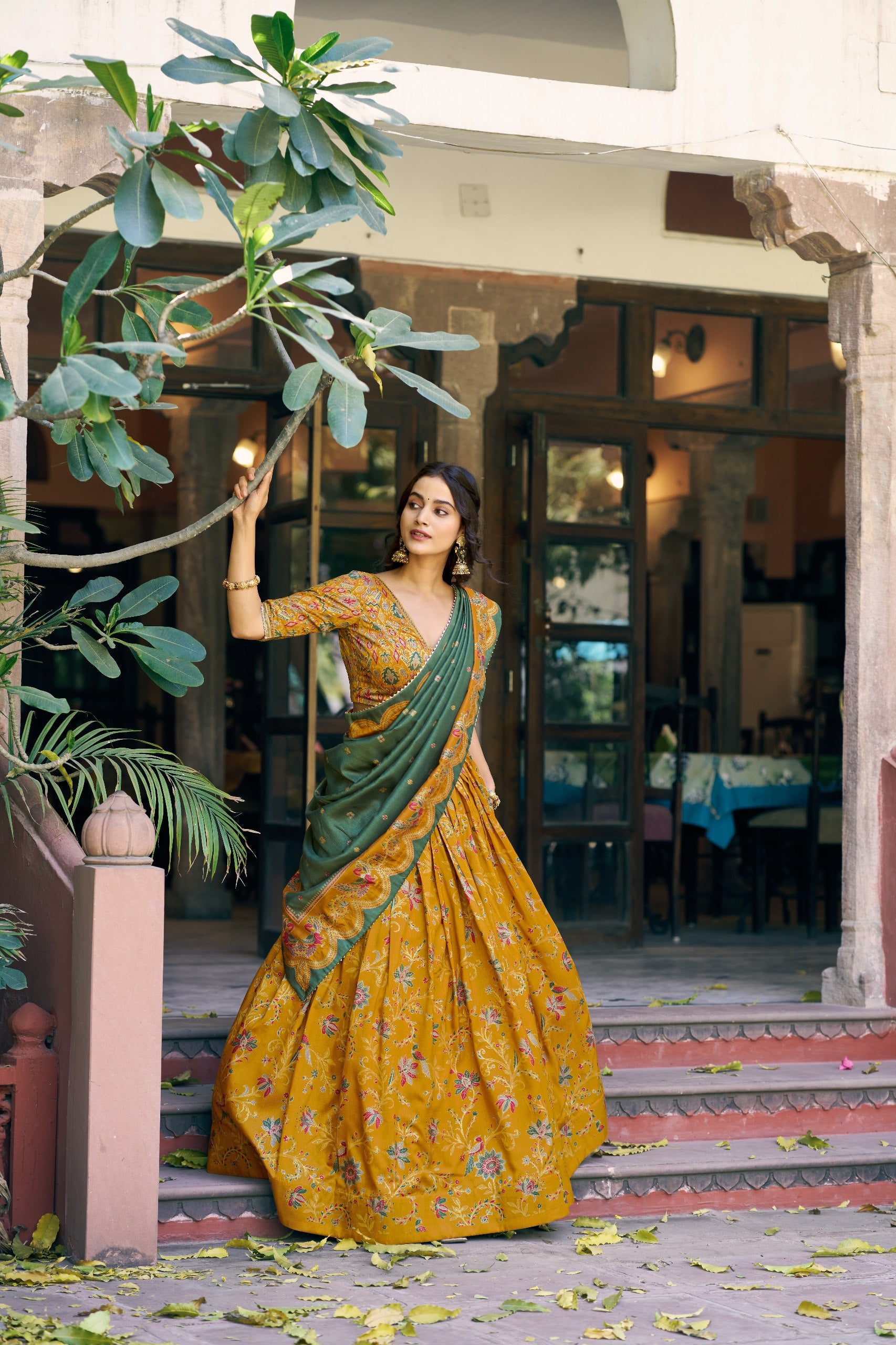Mustard Designer Tasar Silk Floral Printed Lehenga Choli with Green Dupatta & Gotta Patti Border