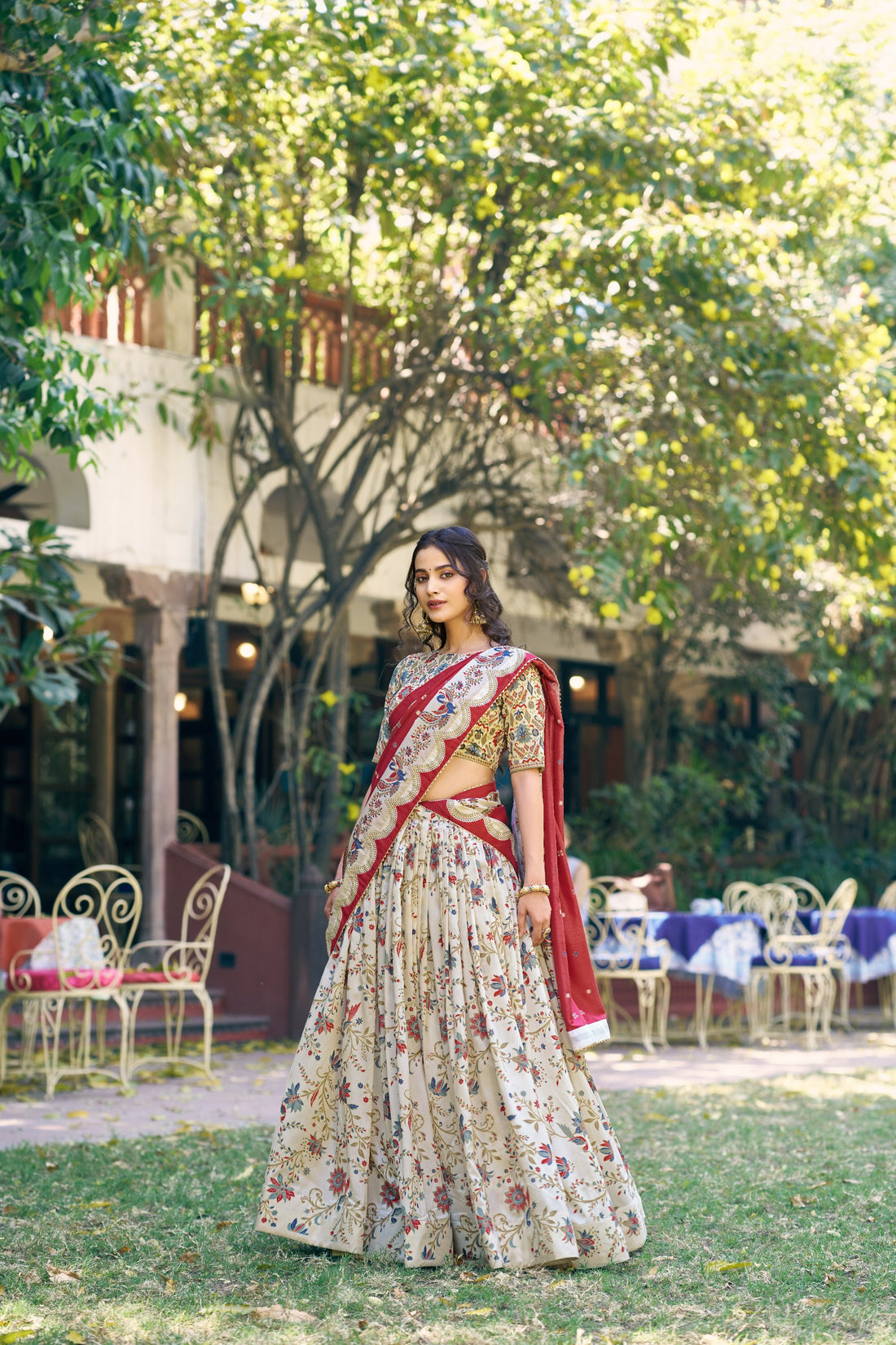 Ivory Floral Tasar Silk Lehenga Choli with Maroon Printed Dupatta & Gotta Patti Border