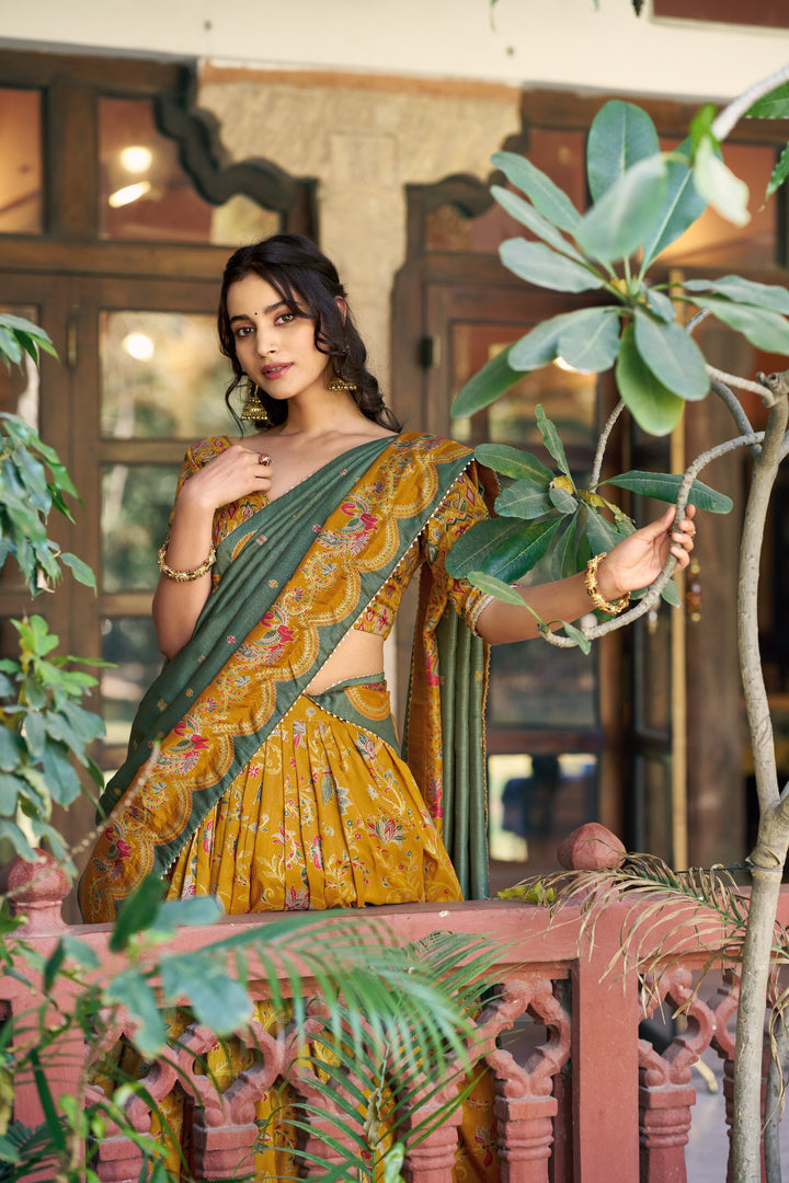 Mustard Designer Tasar Silk Floral Printed Lehenga Choli with Green Dupatta & Gotta Patti Border