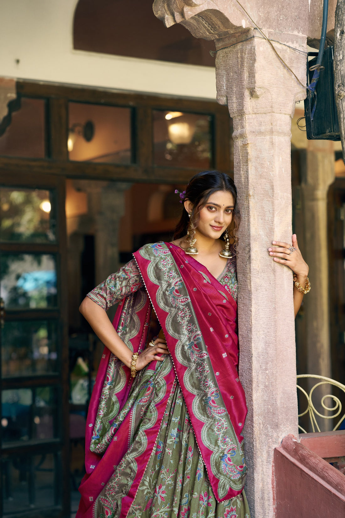 Olive Green Designer Tasar Silk Lehenga Choli with Gilded Foil Print & Gotta Patti Dupatta