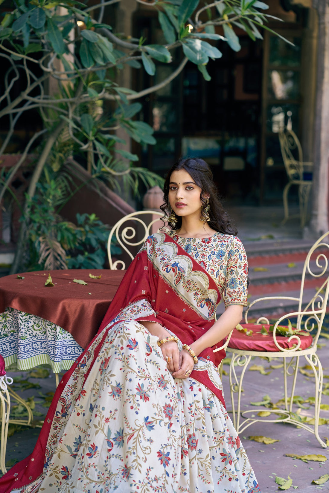 Ivory Floral Tasar Silk Lehenga Choli with Maroon Printed Dupatta & Gotta Patti Border