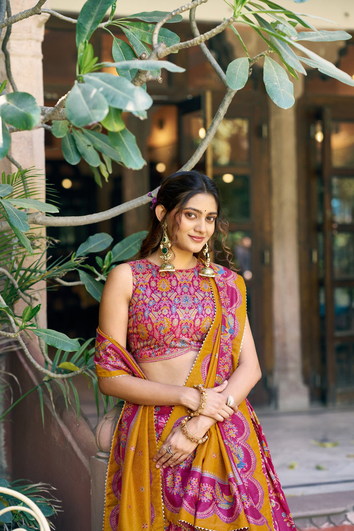 Magenta Designer Tasar Silk Floral Printed Lehenga Choli with Mustard Dupatta & Gotta Patti Border