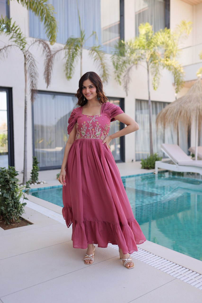 Dusty Rose Mal Chanderi Designer Gown with Beads Embroidery | Ready to Wear