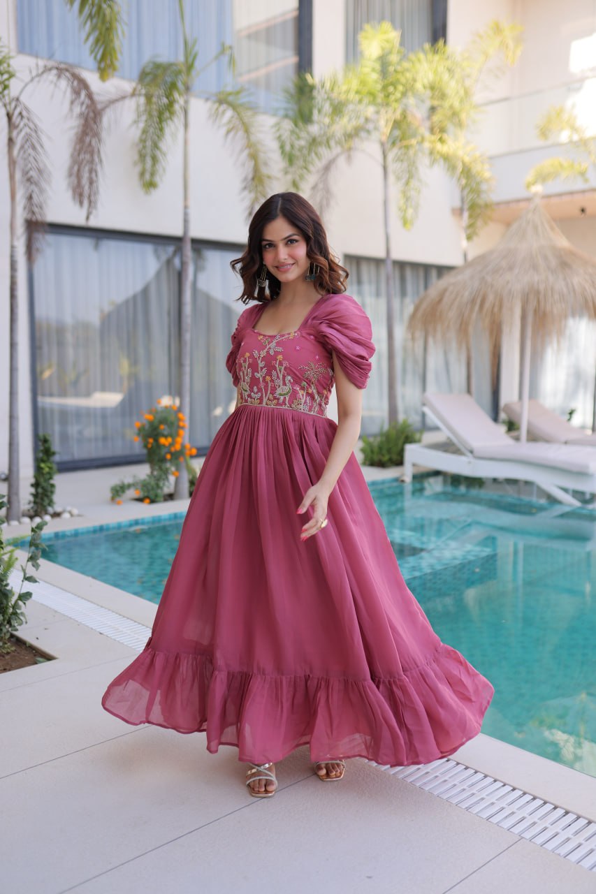 Dusty Rose Mal Chanderi Designer Gown with Beads Embroidery | Ready to Wear