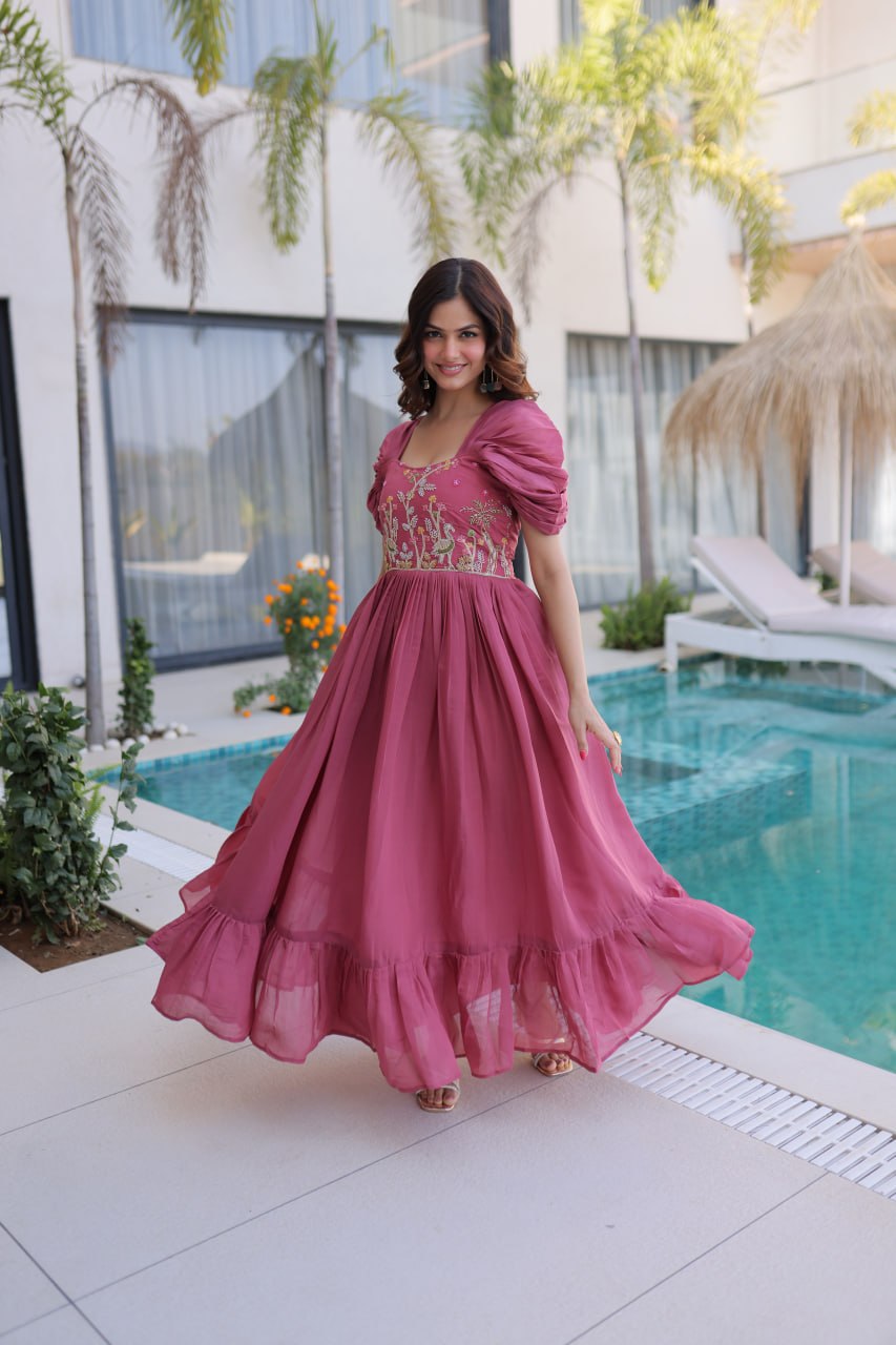 Dusty Rose Mal Chanderi Designer Gown with Beads Embroidery | Ready to Wear