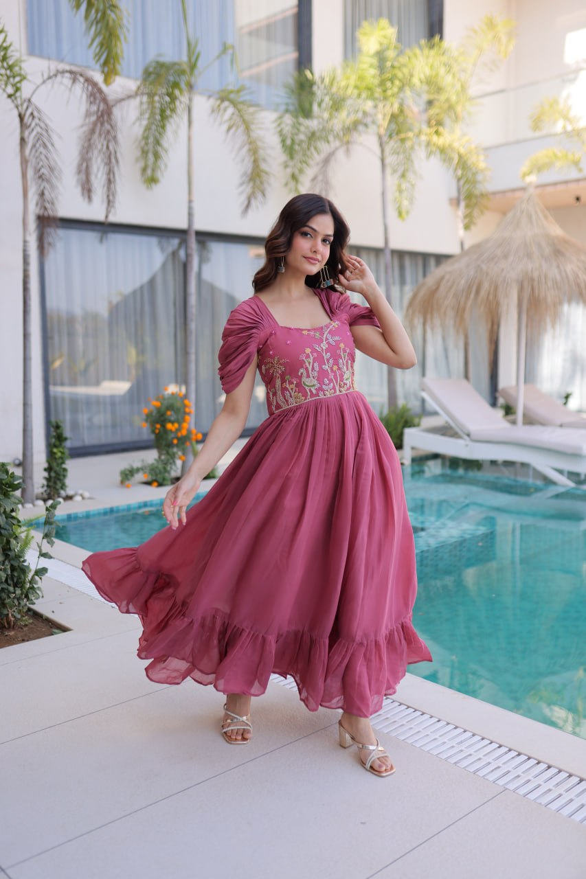 Dusty Rose Mal Chanderi Designer Gown with Beads Embroidery | Ready to Wear