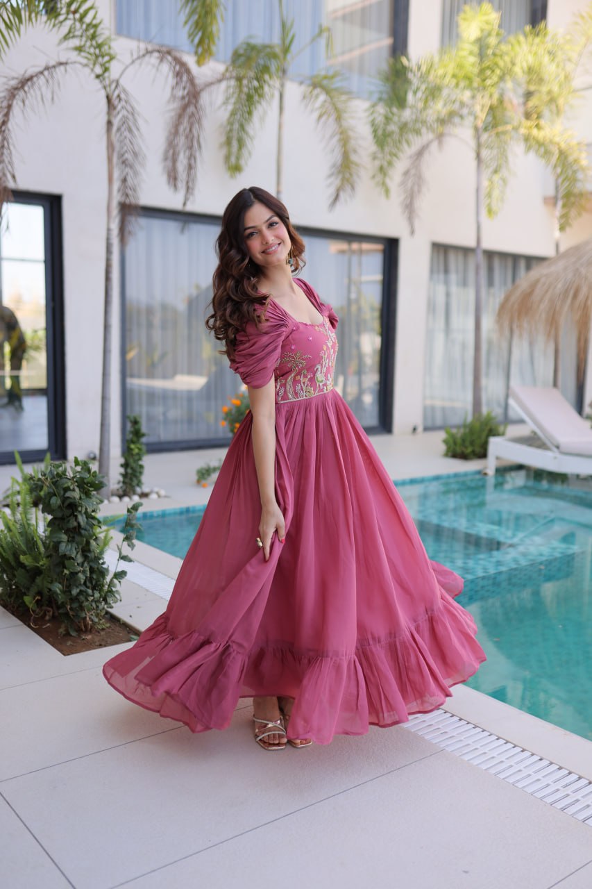 Dusty Rose Mal Chanderi Designer Gown with Beads Embroidery | Ready to Wear