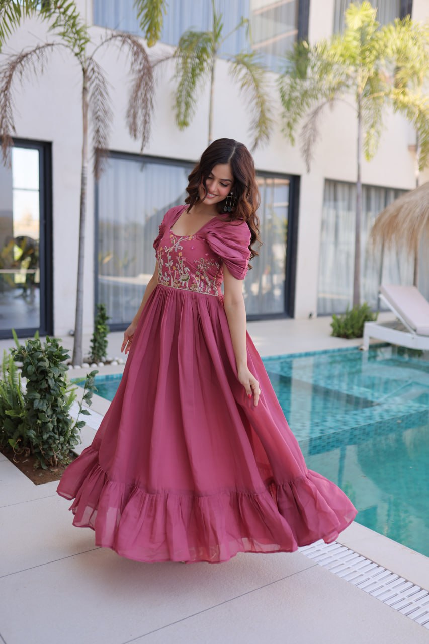 Dusty Rose Mal Chanderi Designer Gown with Beads Embroidery | Ready to Wear