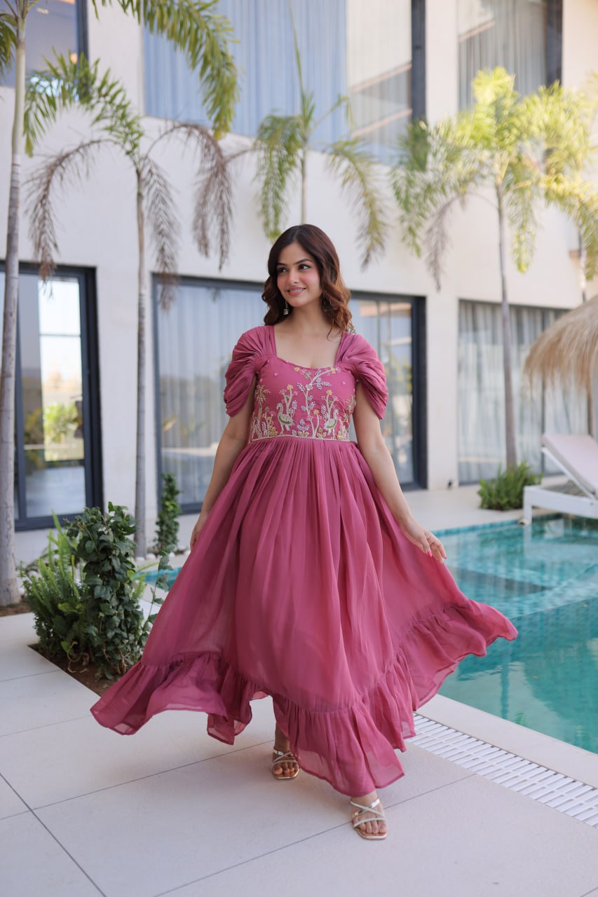 Dusty Rose Mal Chanderi Designer Gown with Beads Embroidery | Ready to Wear