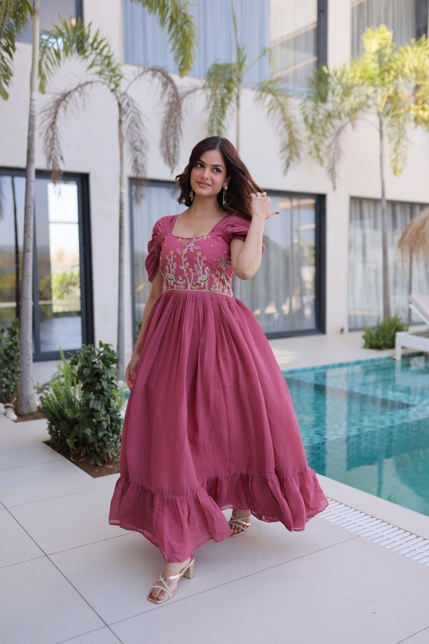 Dusty Rose Mal Chanderi Designer Gown with Beads Embroidery | Ready to Wear