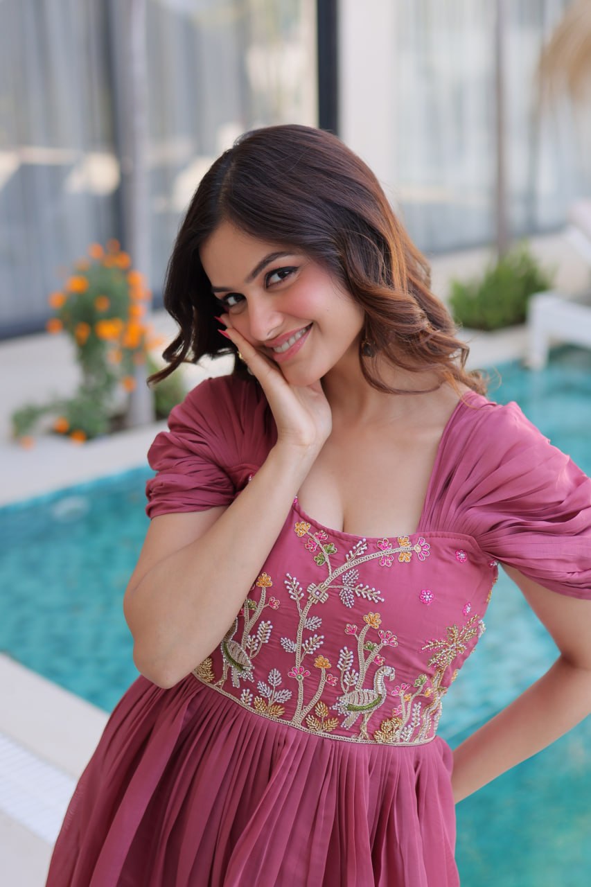 Dusty Rose Mal Chanderi Designer Gown with Beads Embroidery | Ready to Wear