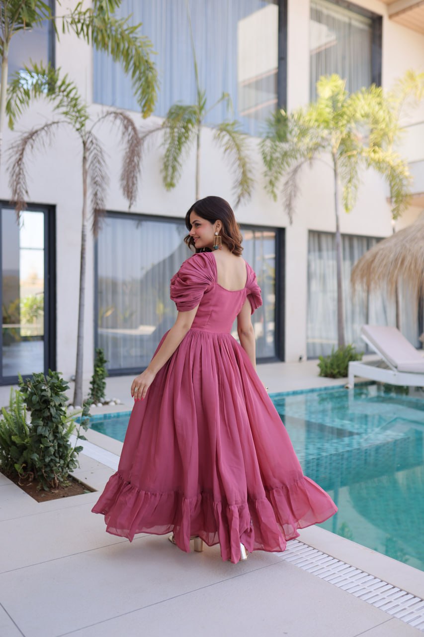 Dusty Rose Mal Chanderi Designer Gown with Beads Embroidery | Ready to Wear
