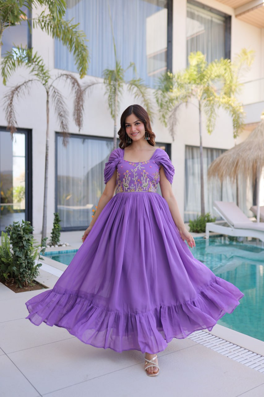 Lavender Mal Chanderi Designer Gown with Beads Embroidery | Ready to Wear Party Gown