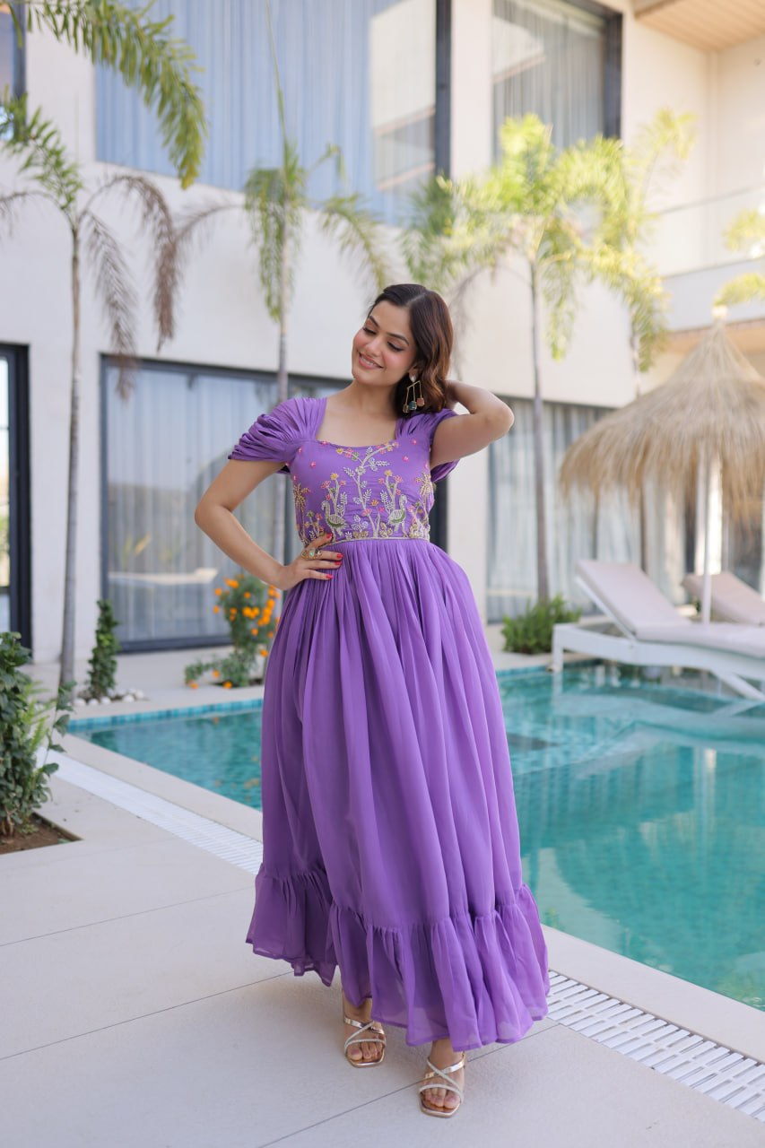 Lavender Mal Chanderi Designer Gown with Beads Embroidery | Ready to Wear Party Gown