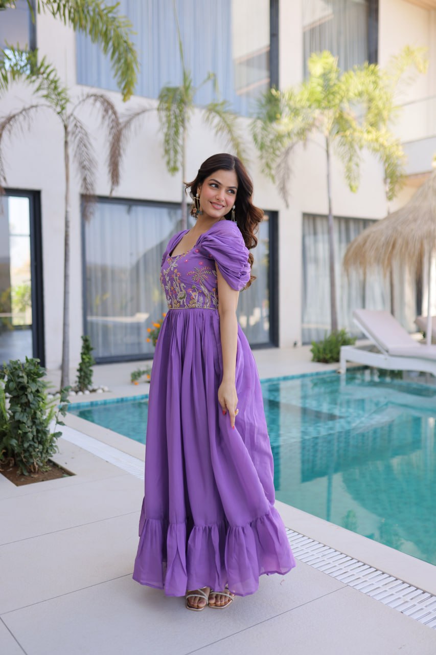 Lavender Mal Chanderi Designer Gown with Beads Embroidery | Ready to Wear Party Gown