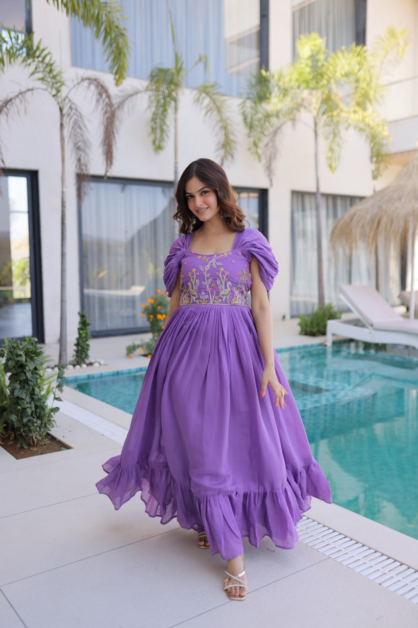 Lavender Mal Chanderi Designer Gown with Beads Embroidery | Ready to Wear Party Gown