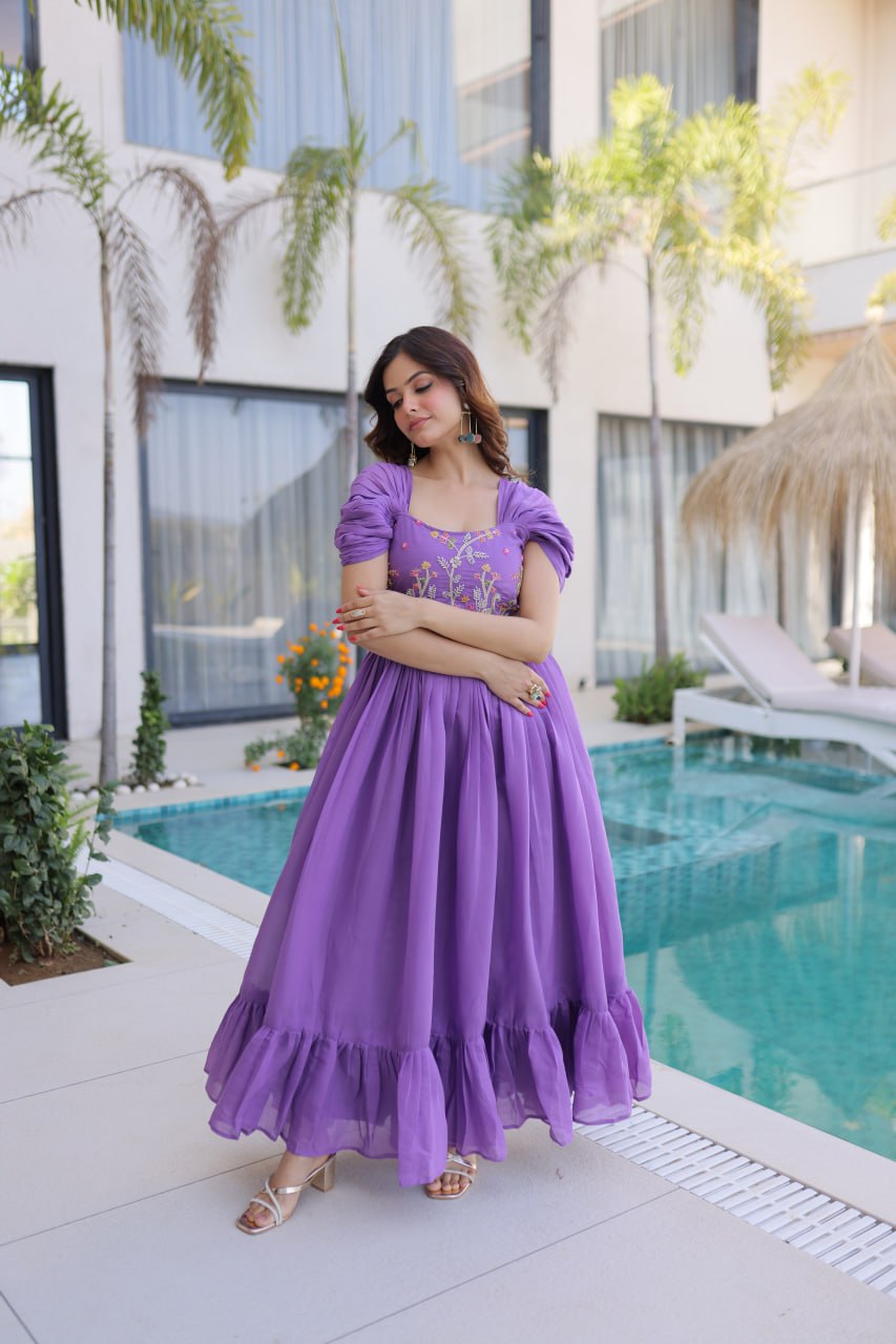 Lavender Mal Chanderi Designer Gown with Beads Embroidery | Ready to Wear Party Gown