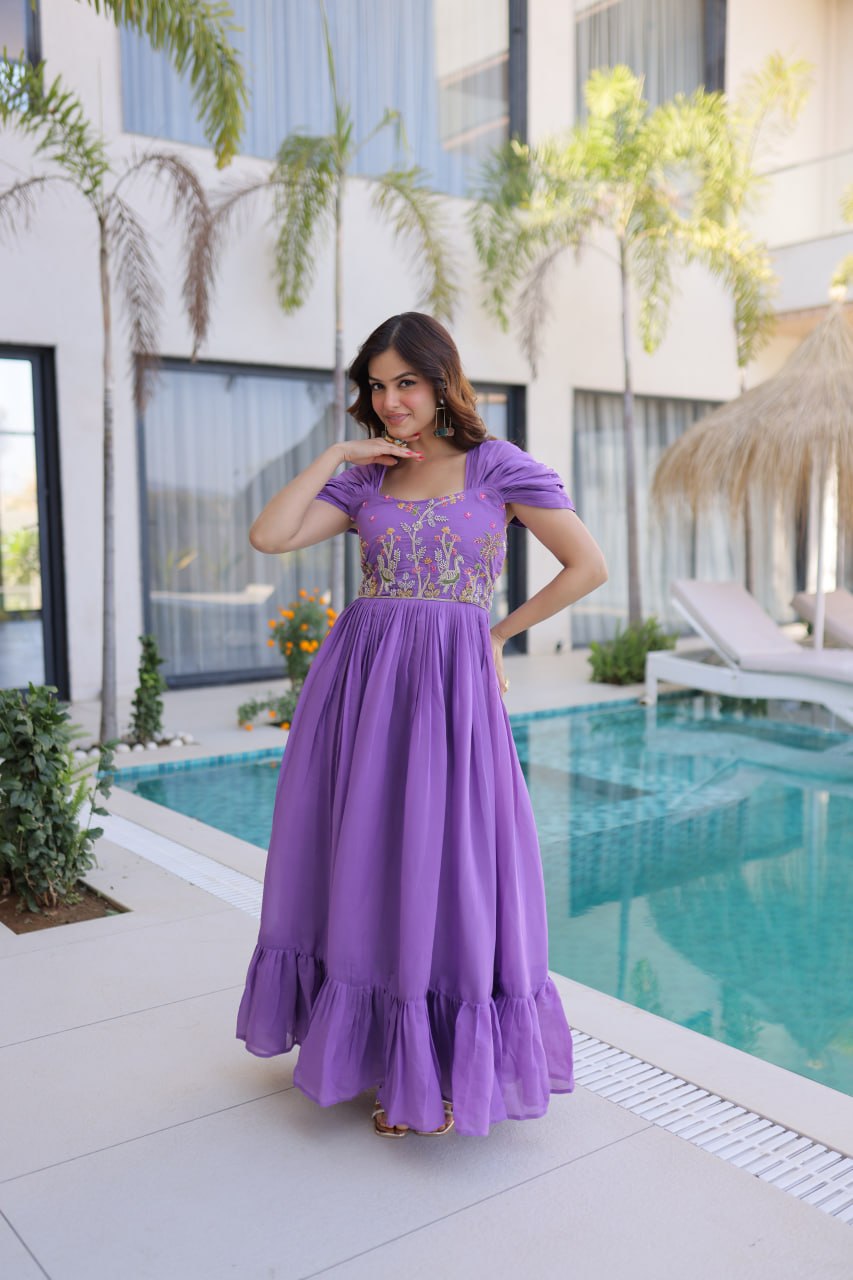 Lavender Mal Chanderi Designer Gown with Beads Embroidery | Ready to Wear Party Gown